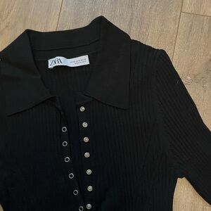 Zara Black Deep Vneck Button Ribbed Shirt